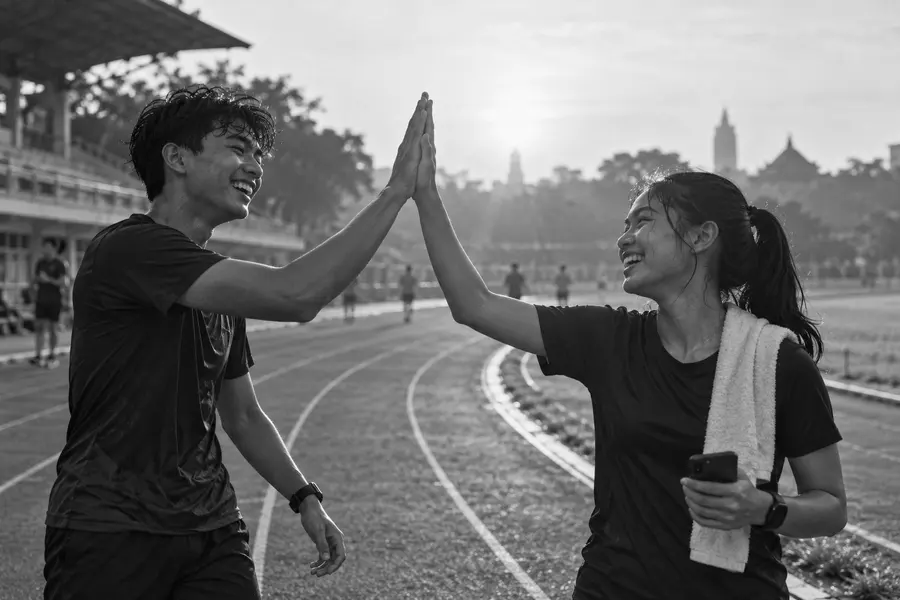 Foto hitam putih dua remaja tos setelah lari pagi