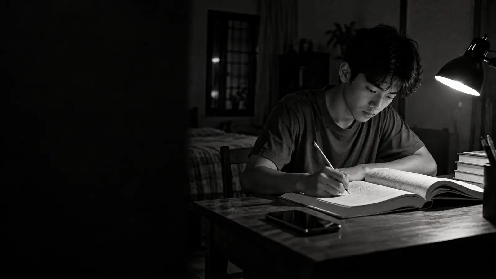 Foto hitam putih siswa remaja belajar malam hari dengan buku tebal dan ponsel