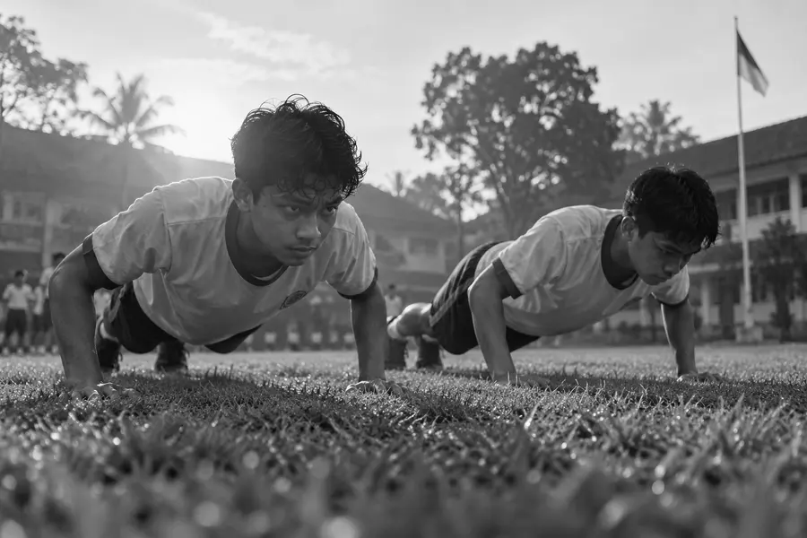 Foto hitam putih dua remaja push-up di lapangan sekolah pagi hari
