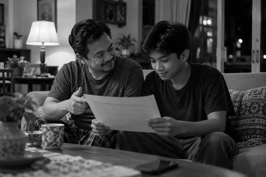 Foto hitam putih ayah dan anak membaca lembar mingguan bersama di sofa