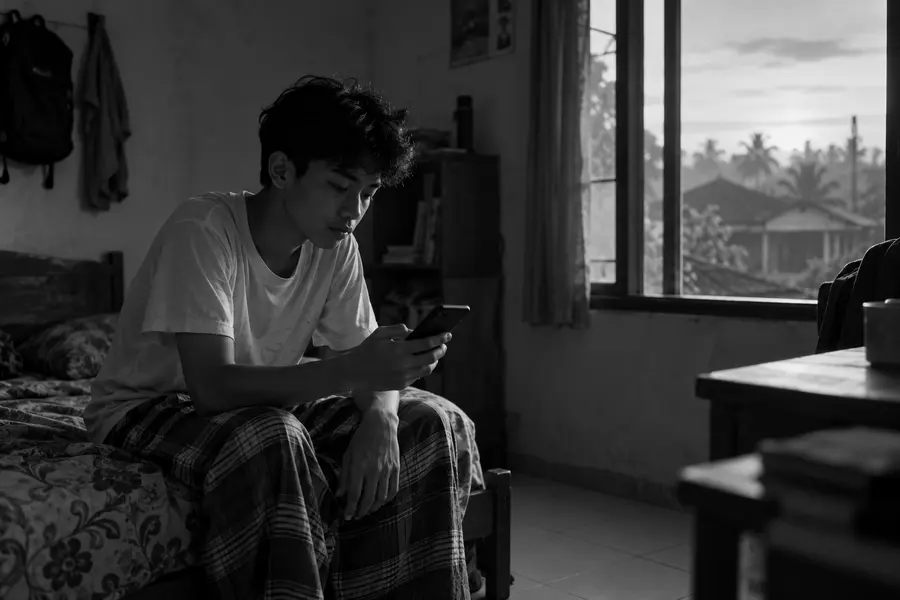 Foto hitam putih remaja memeriksa ponsel di tepi tempat tidur sebelum fajar
