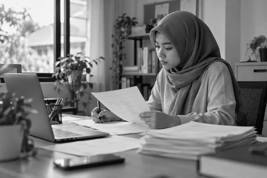 Foto hitam putih petugas memeriksa lembar soal di meja kerja