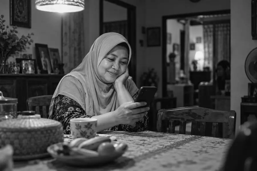Foto hitam putih seorang ibu membaca ponsel di meja makan