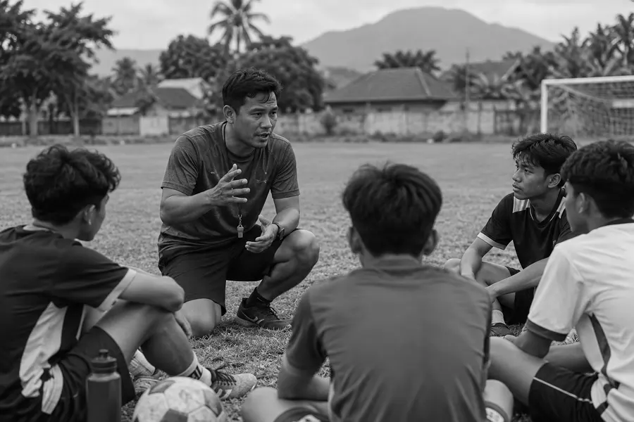 Foto hitam putih pelatih menjelaskan kepada sekelompok siswa di lapangan