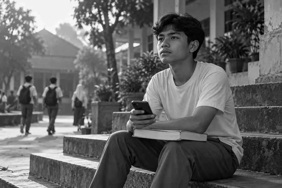 Foto hitam putih remaja duduk di tangga sekolah memegang buku tebal
